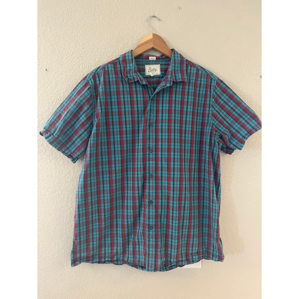 Bixby Nomad Mens XL Short Sleeve Button Down Shirt Teal Burgundy‎ Plaid Cotton